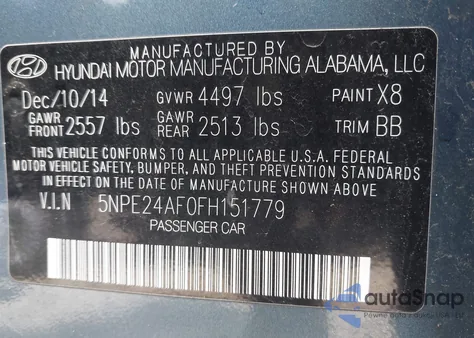 2015 Hyundai Sonata Se from USA, damaged, VIN 5NPE24AF0FH151779